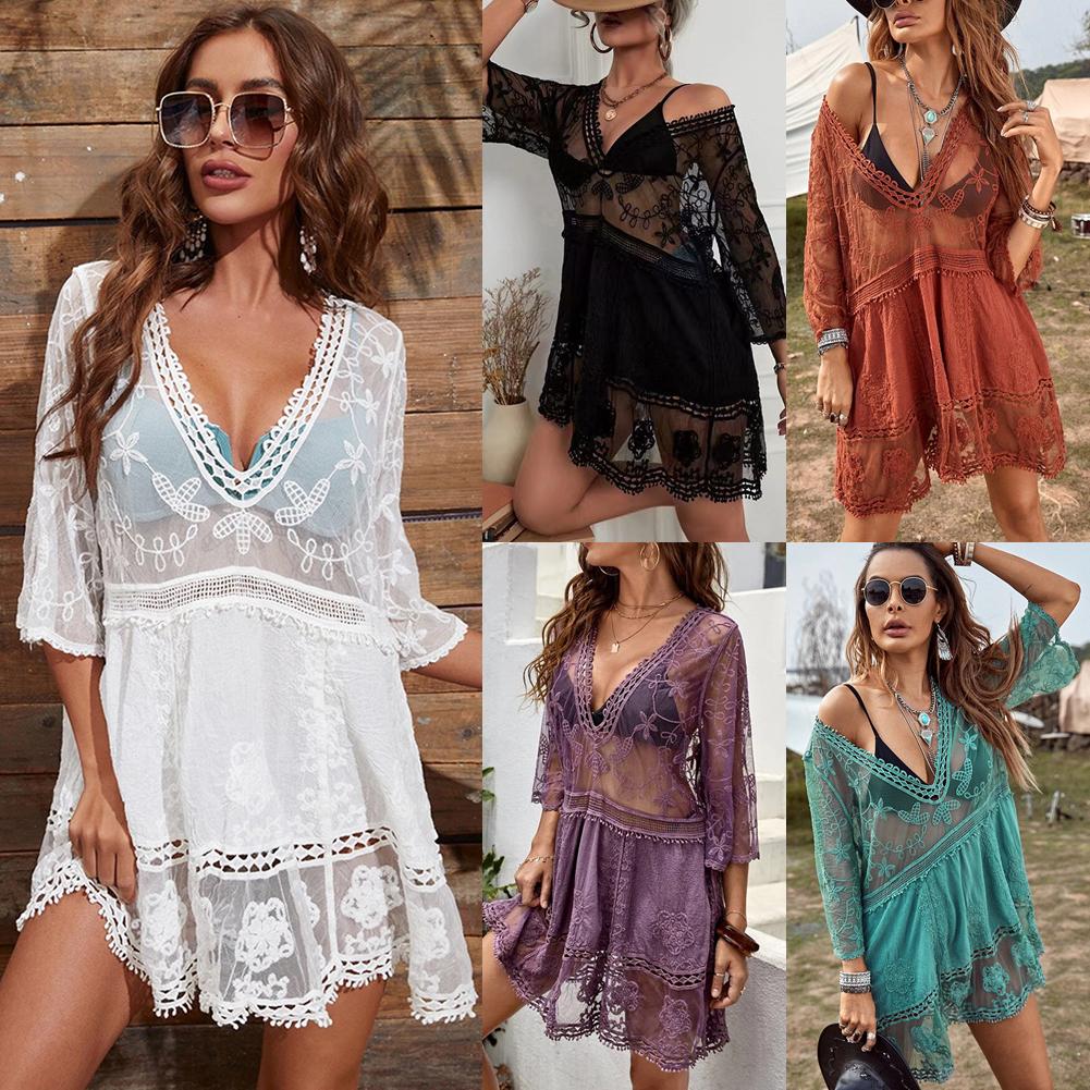 Sexy Women's Mesh Bikini Cover-up Deep V-neck Swimsuit Set Summer Beach Short Sleeve Dress Lace Hollow Out Clothes