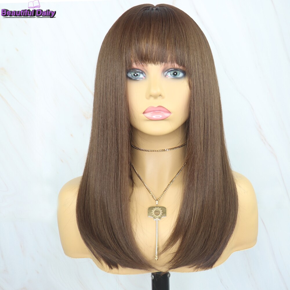 Diário bonito 16 polegada reta perucas de cabelo sintético para cabelo futura perucas de cabelo sintético resistente ao calor com franja: Default Title