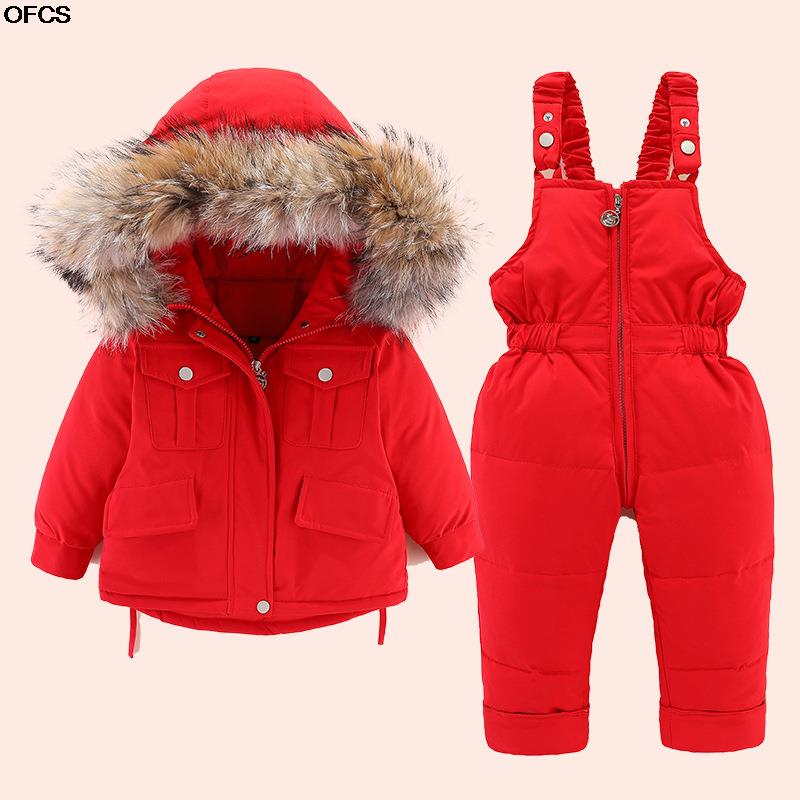 0-4Y Winter Down Jas 2 Stuks Set Jas + Jumpsuit Baby Meisje Jongens Thicken Warm Bontkraag Jas Kids Jongens baby Snowsuit Kleding: Rood / size 100