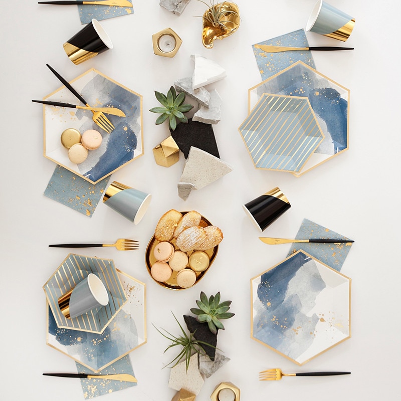 Business Party Papier Wegwerp Diner Plaat Set Birthday Party Cake Stand Milieu Picknick Servies Rietjes