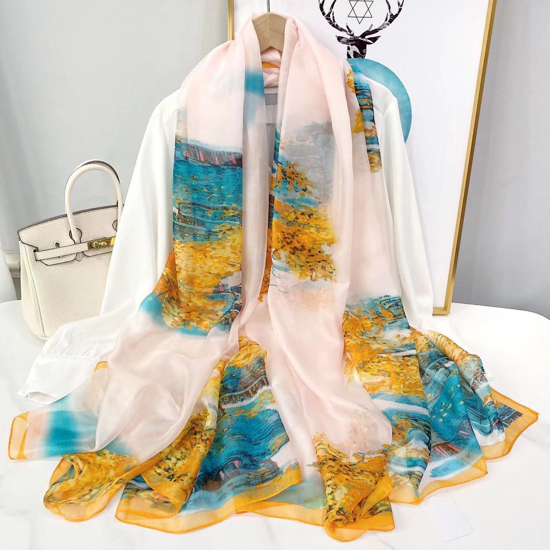 Lenço de seda estampado hijab feminino primavera deisgn macio praia estolas elegantes lenços de cabeça echarpe xale cetim grande envoltório echarpe bandana