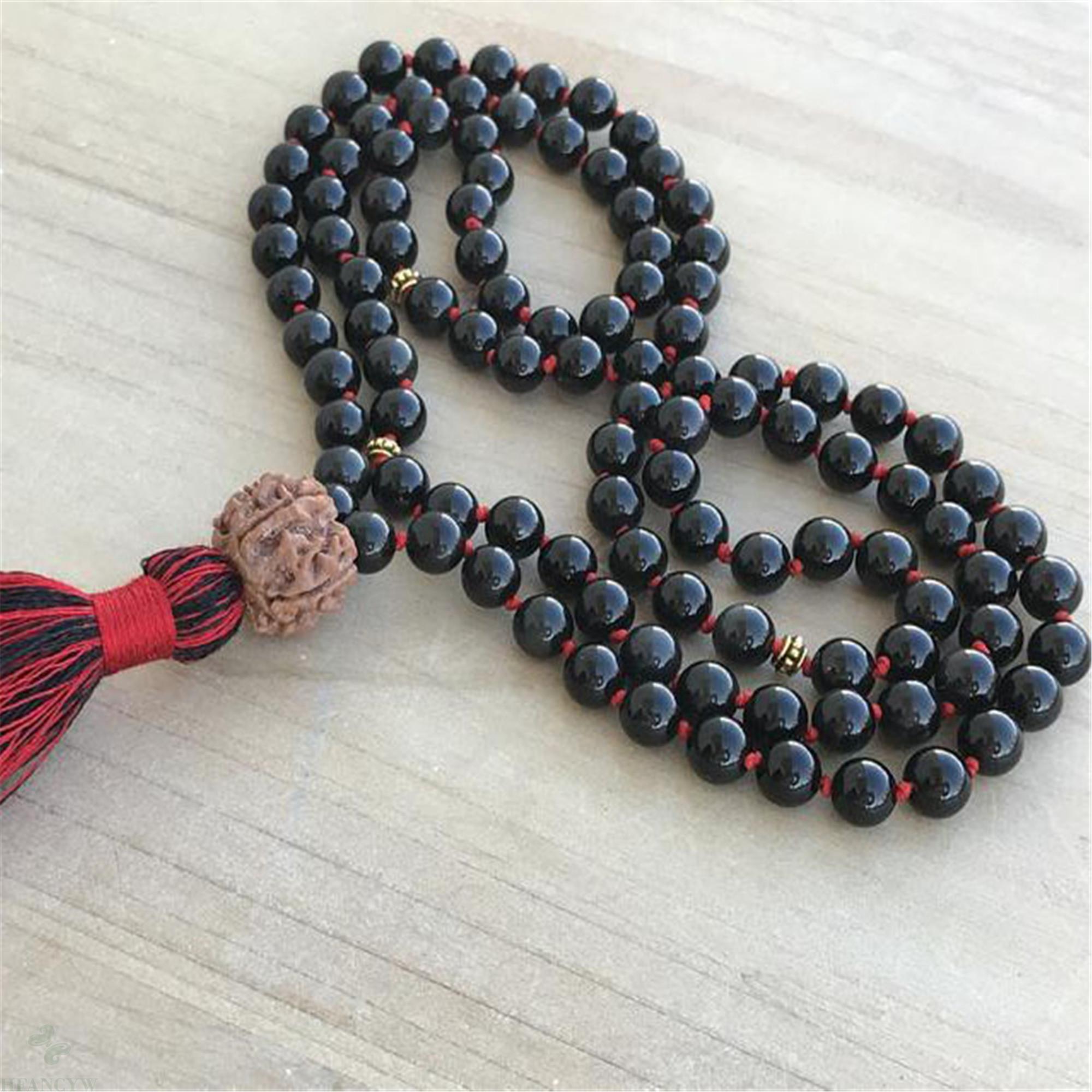 8mm Natural Obsidian 108 Beads Tassel Knotted Necklace Lucky Classic Fancy Wrist Chic Bless