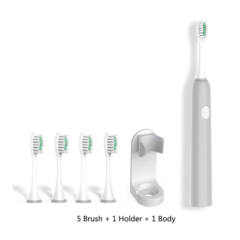Nouvelle brosse à dents électrique adulte vague sonique Rechargeable IPX7 étanche puce intelligente brosse à dents tasse tête USB Rechargeable clair 40: Grey-5
