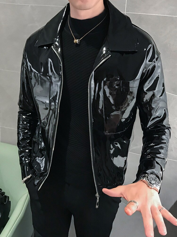 PFNW blouson en cuir brillant pour homme, couleur unie, Slim, rouge, noir, marron, boîte de nuit: Black / XL