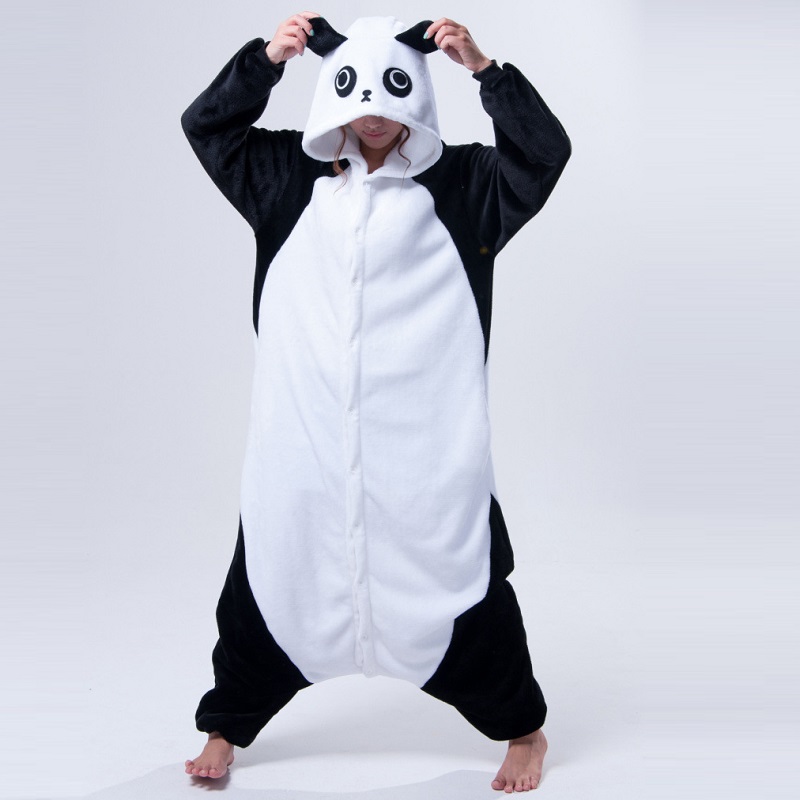 Kigurumi panda long sleeve hood onesie men women flannel warm panda pajama Whole onepiece adult animal pajamas kegurumi onsie: S