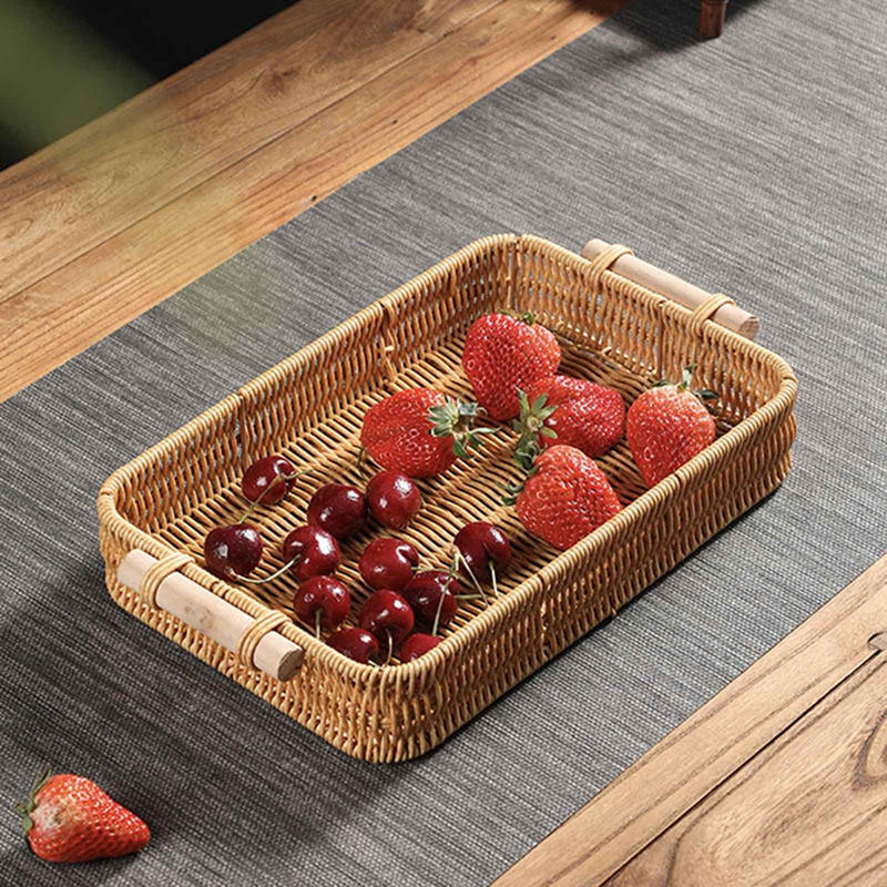 Cestas de mimbre tejidas de imitación de plástico para pan, fruta, verdura, restaurante, mesa para servir, cesta de almacenamiento redonda de ratán