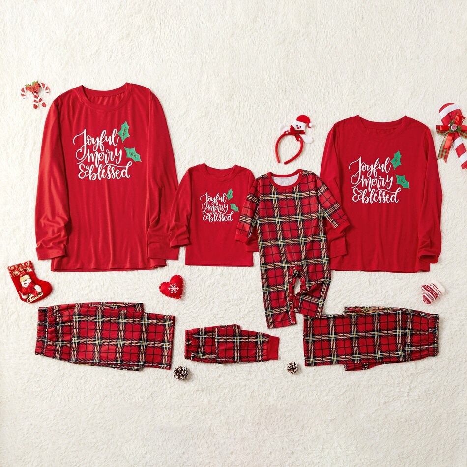 Patpat vinter familie look rød fest pyjamas sæt brev positionering print matchende pyjamas familie sæt: Baby 3-6m