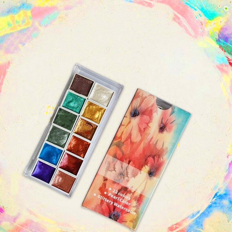 Mini Parelmoer Effen Aquarel Verf Set Draagbare Water Kleur Verf 12 Kleuren Voor Schilderen Kunst Levert F42D