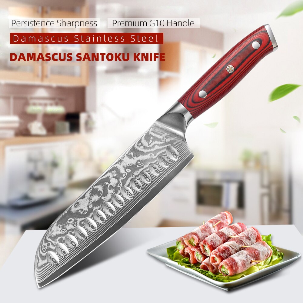 Keukenmes Santoku Damascus Staal Chef Messen 7 Inch Hammared Patroon VG10 Blade Blank Sharp Cutter Snijden Vlees Mes Gereedschap
