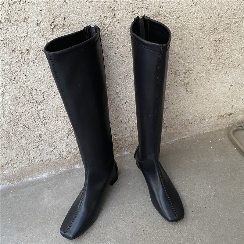 frau Flache Lange Stiefel Lasdies Kniehohe Booties strecken Weiche Leder Martin Botas Korea Reißverschlüsse Luxus Schuhe: Schwarz / 5