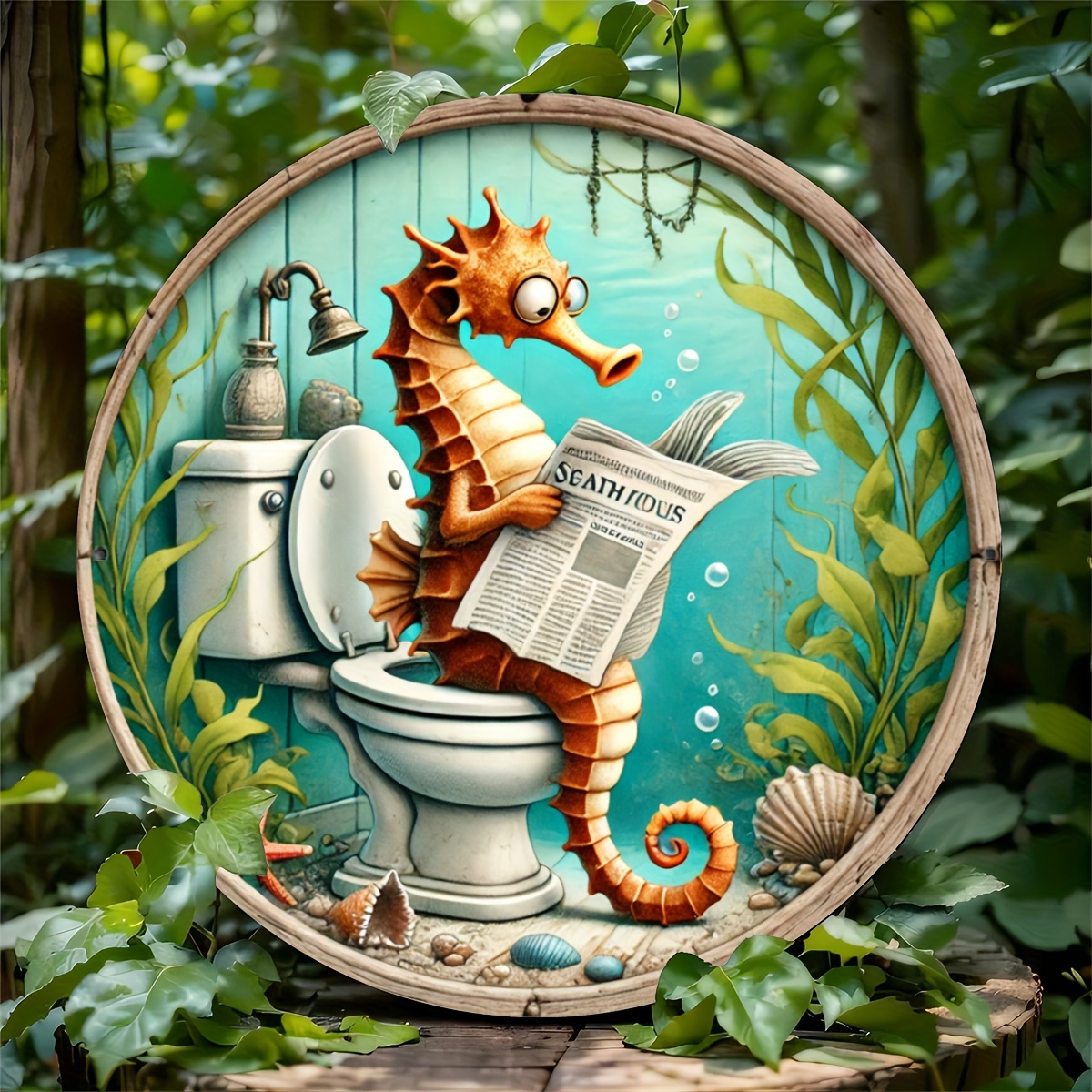 Zeepaardje Lezen Krant in het Toilet Thema Rond Houten Huis Keuken Tuin Club Garage Kantoor Muur Decor Ideale
