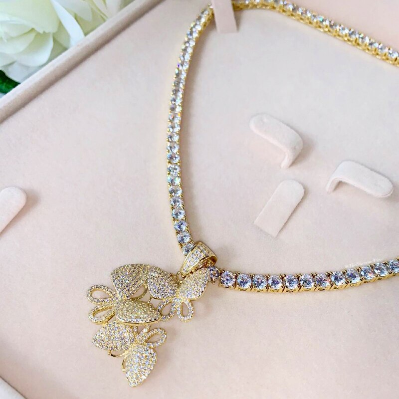 Women Hiphop Bling Bling Iced Out CZ Tennis Chain Wonderland Butterfly Necklaces Choker Luxury Silver Color Jewelry