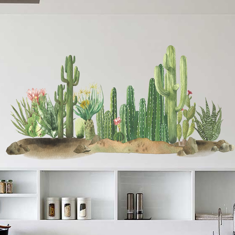 Pegatinas de pared de Cactus del desierto para sala de estar, dormitorio, habitaciones de niños, decoración de pared de comedor, calcomanías artísticas de PVC, murales de decoración del hogar