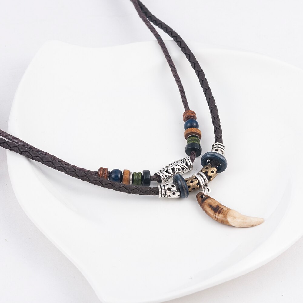 1PC Men&#39;s Bohemia Tooth Pendant Leather Beaded Weaved Necklace Christmas Jewelry statement necklace initial necklace