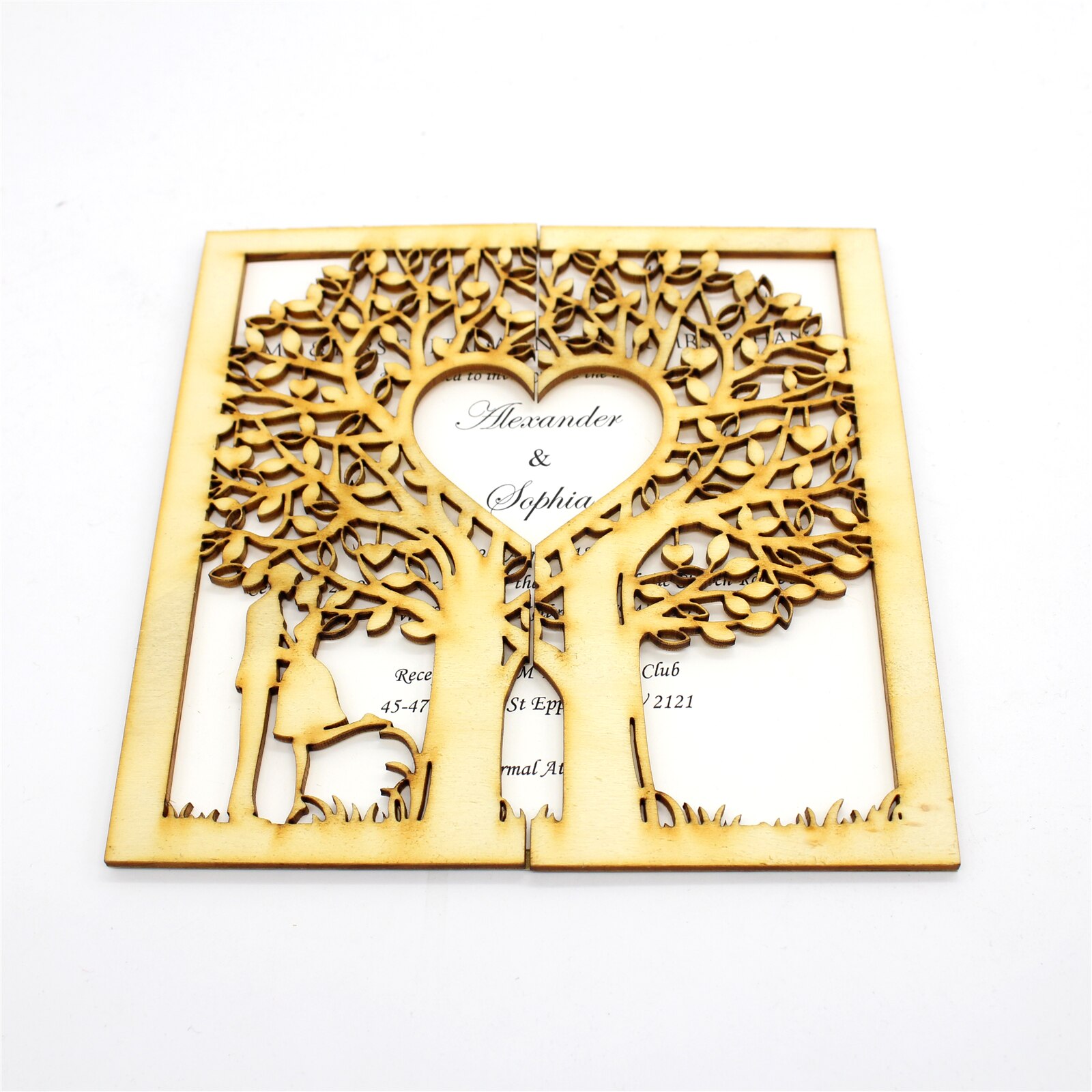 10 styks rustik bryllupsinvitation, træinvitation, papirinvitation, udskåret træ, livets træ, graveret hjerte, monogram