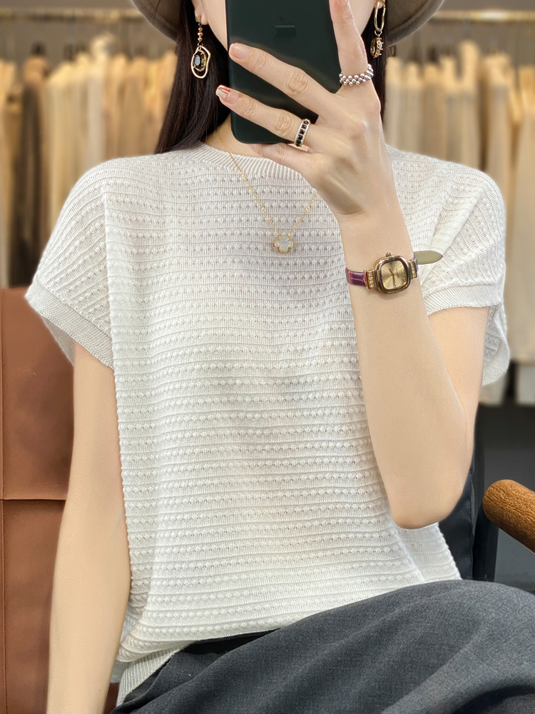 Neue Wolle Lyocell Kurzarm T-shirts Pullover frauen Oansatz Batwing Hülse Pullover Weste Sommer Gestrickte Bodenbildung T-shirt
