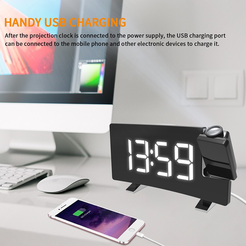 Rotating Backlight Projector FM Radio Digital LED Clock USB Projection Backlight Snooze Alarm Clock Timer