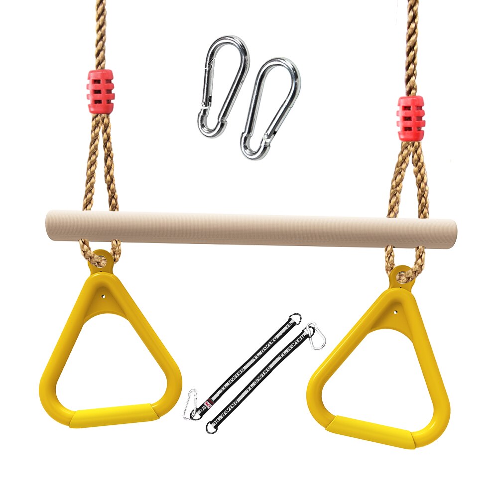 Children Wooden Trapeze Swing Bar Multifunction Gymnastic Rings with Plastic Gym Rings, Wooden Playset & Locking Carabine