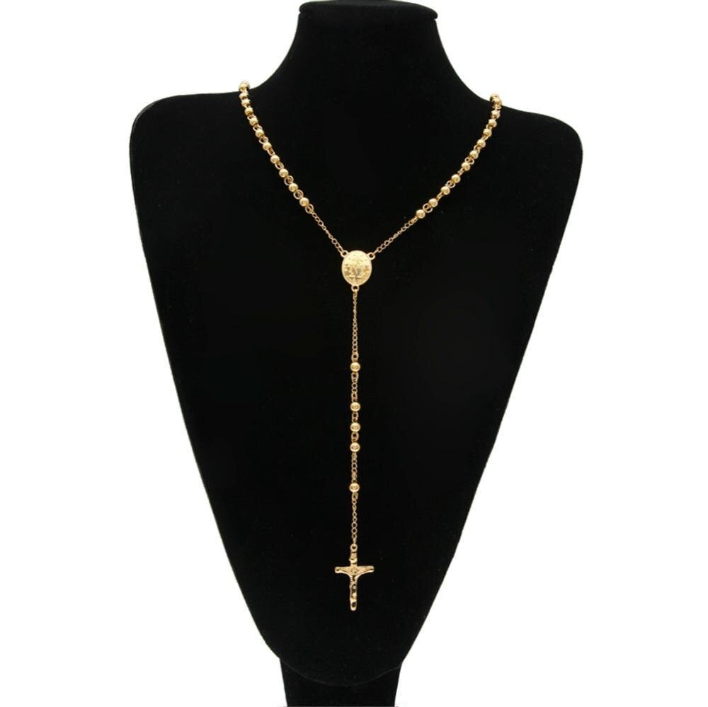 Collier de perles de chapelet Guadalupe pour hommes, vierge catholique, couleur or, bijoux, pendentif croix jésus Crucifix