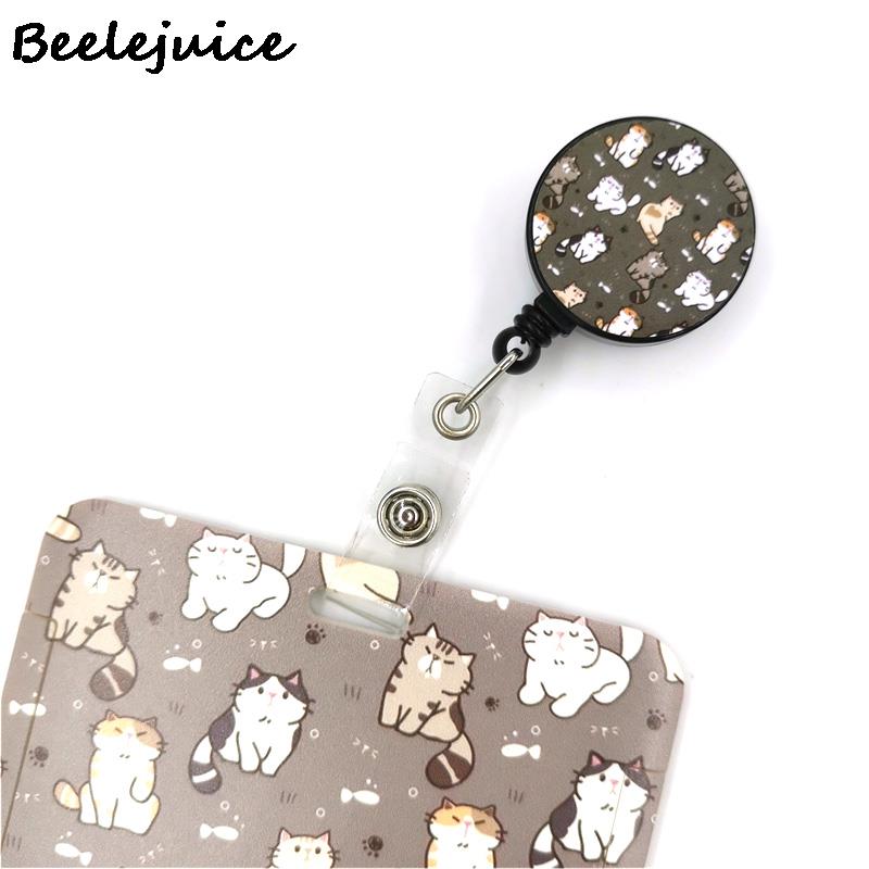 Grey Lovely Cute Cats Cute Card Cover Clip Lanyard Retractable Student Nurse Badge Clip Cartoon ID Card Badge Holder accessories