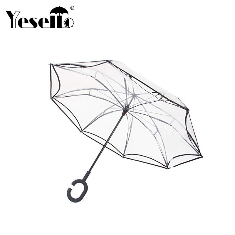 Yesello pliant parapluie inversé Double couche inversé coupe-vent pluie voiture parapluies pour femmes Transparent inversé parapluie bleu