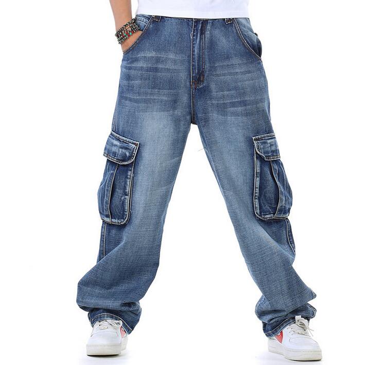 Mens Hip Hop Style Wide Leg Pants Baggy Homme Cargo Pocket Jeans
