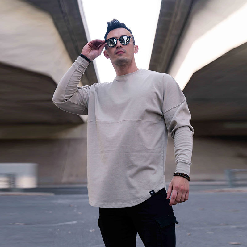 Fitness t-shirt herre løst sportstøj langærmet træningsdragt plus størrelse afslappet rundhalset sweater viser muskler træningsskjorter