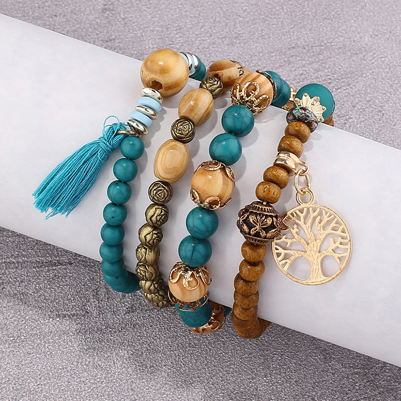 Conjunto de pulsera de árbol de la vida para mujer, brazalete de cadena elástica con cuentas de madera y borlas, joyería de para