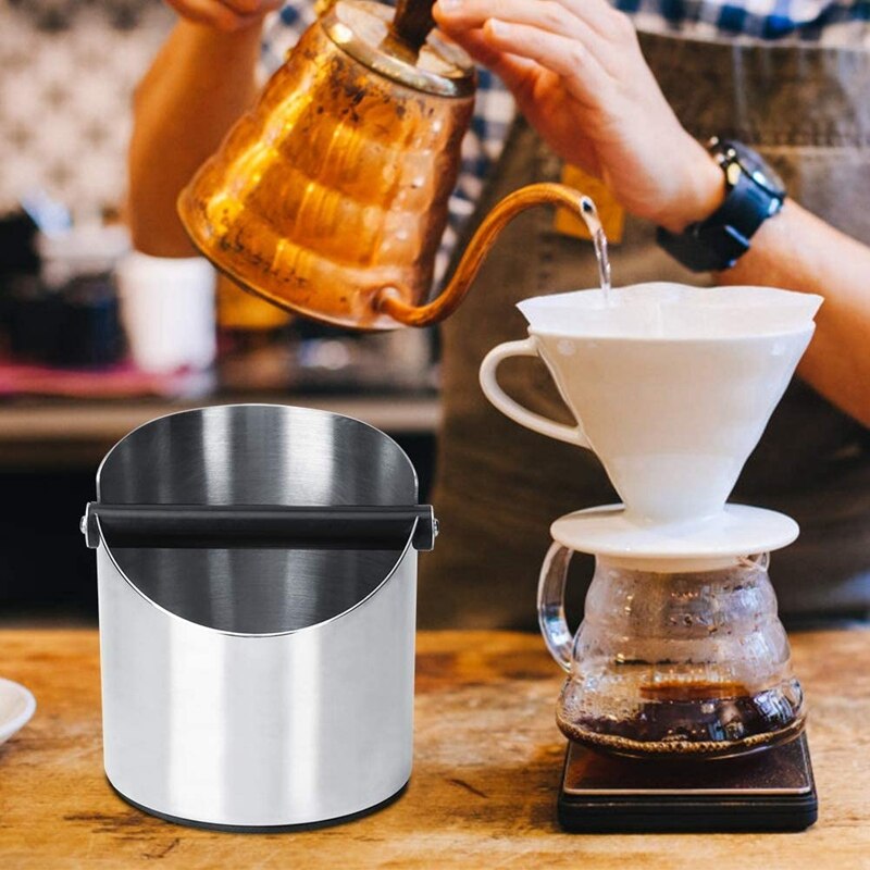 1L Stainless Steel Coffee Knock Box Anti Slip Coffee Grind Dump Bin Waste Bin with Detachable Knock Bar for Barista