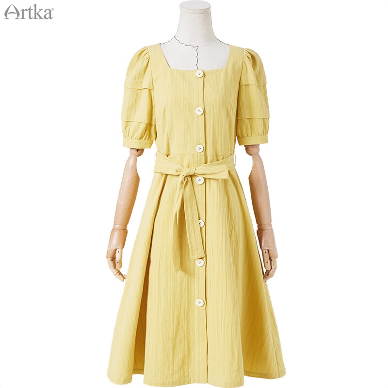 Artka kesä naisten mekko ranskalainen vintage nelikulmainen kaulus mekot vyöllä puhdasta puuvillaa puhvihihainen pitkä mekko  la25603x