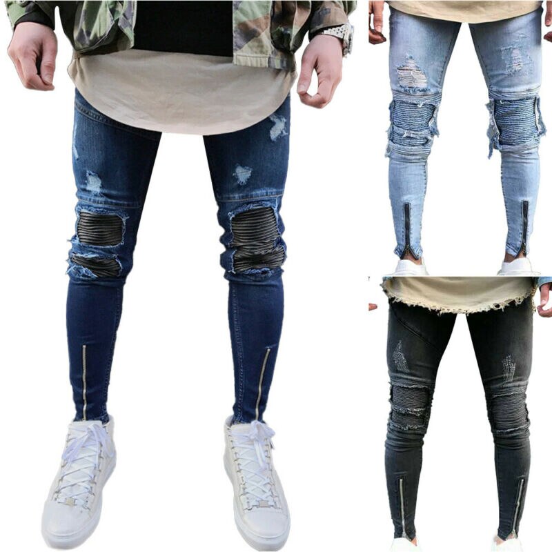 Männer Gerissen Ausgefranst Dünne Jeans Hosen schlank passen betrübt Denim Hosen BöHöhle