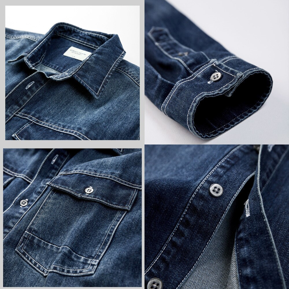 KUEGOU Spring Cotton Blue Denim Shirt Men Dress Button Casual Slim Fit Long Sleeve For Male Brand Clothes Plus Size 6212