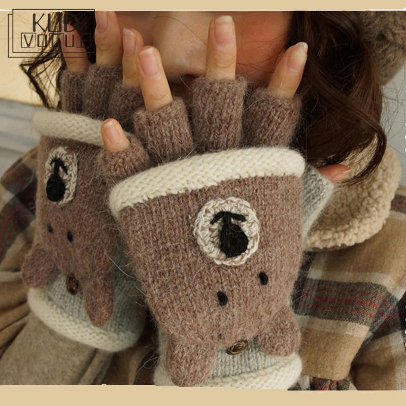 Mori Girl Lolita Kawaii medio dedo dibujos animados encantador oso León invierno guantes De lana guantes gruesos sin dedos calientes Luvas De Inverno