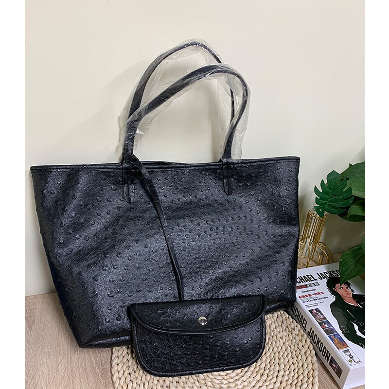 TOPHIGH Krokodil aufbringen Frauen Handtasche Strauß/Schlange Frauen Schulter Tasche Quaste Tote Große Kapazität Einkaufstaschen: Strauß Schwarz