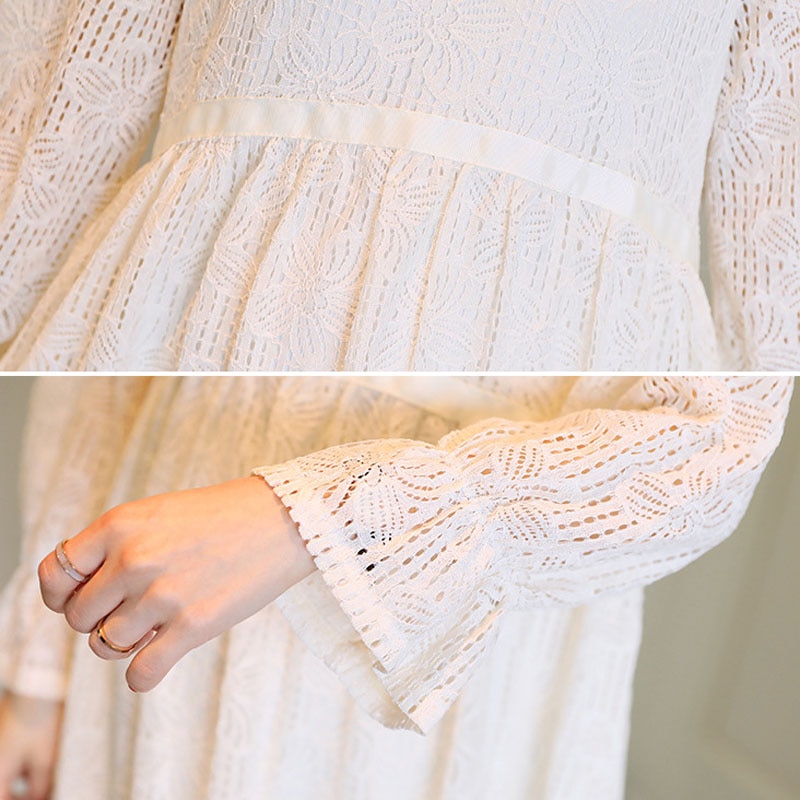 Long Sleeve Lace Maternity Dresses For Pregnant Women Clothes Spring Bottoming Hollowed Casual Solid Pregnancy Dresses