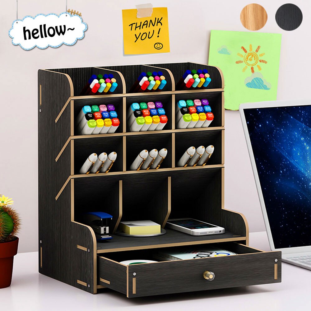 Multi-Function File Tray Wood 13 Grids Desktop Stand Holder Cosmetic Brush Storage Box for Pencil Pen Cosmetic Brush Jewelry