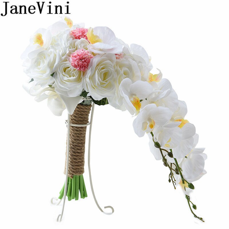 JaneVini Witte Orchidee Waterval Bruidsboeket Roze Kunstmatige Bruid Bedrijf Bloemen Bruids Zijde Bloem Boeket Rozen