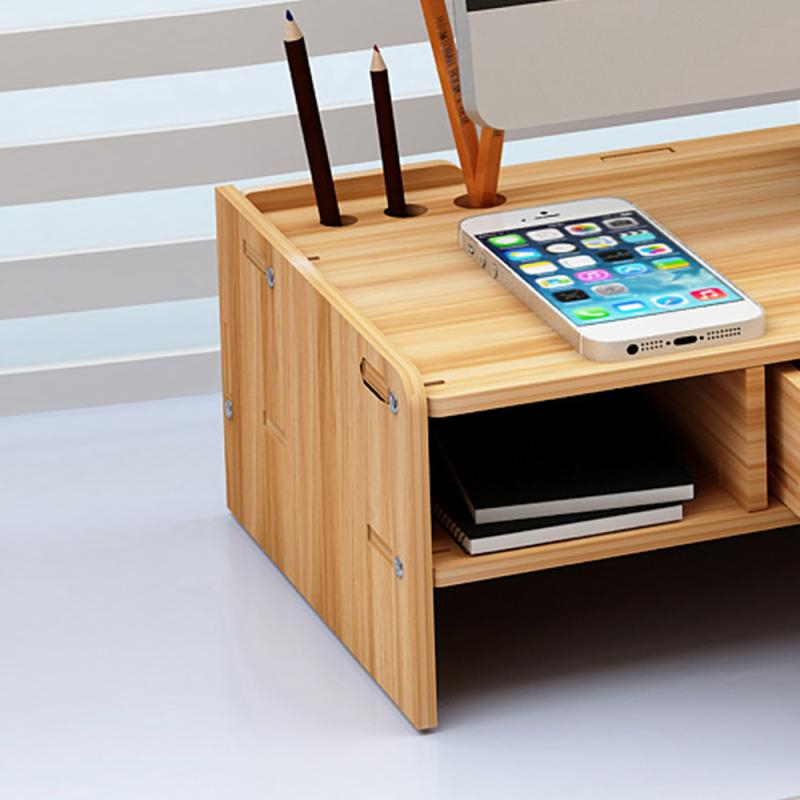 Desk-Holder Shelf Wooden Desktop Holder Computer Monitor Stand Multi-function Laptop Desk Holder With Cabinet Computer Riser