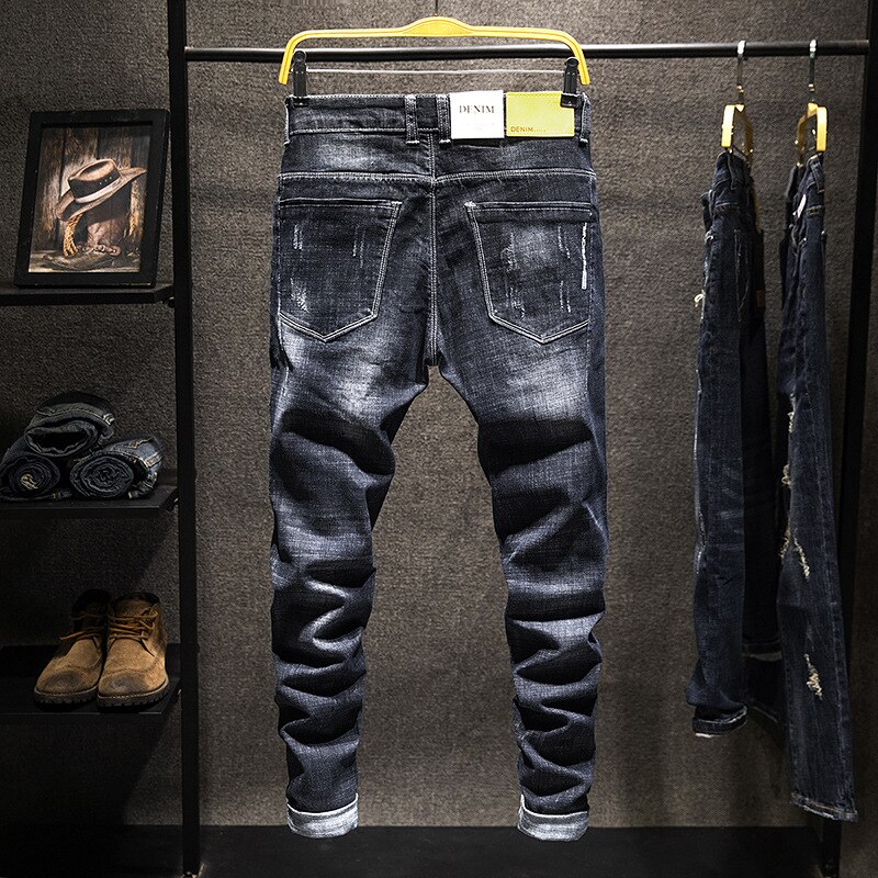 Jean déchiré pour homme maigre noir Stretch jambe mince Streetwear en détresse Moto Biker jean homme Denim pantalon Hip Hop