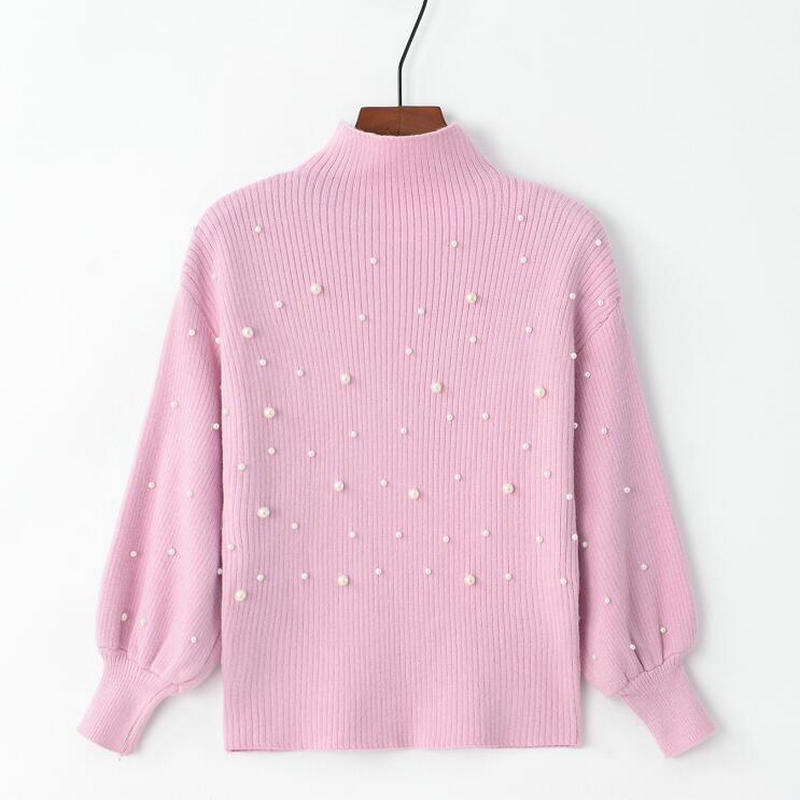 Autumn Winter Pearl Beading Sweater Women Pullovers Stand Collar Knit Jumper Casual Tight Cropped Sweater Three Quarter Sleeve