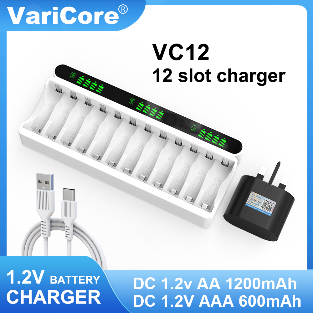 VariCore Neues intelligentes 12-Slot-Ladegerät VC12 Typ C speziell für 1,2 V AA/AAA Ni-MH/Ni-CD-Akku: Grün