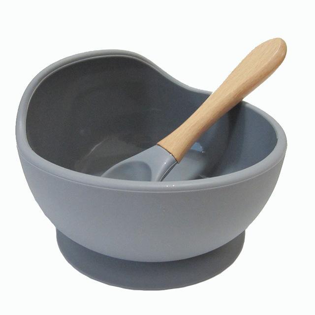Baby siliconen voedingsset houten lepel zuigkom babybord kinderen peuterhulp servies bpa-vrij siliconen babyverzorging: Diep grijs