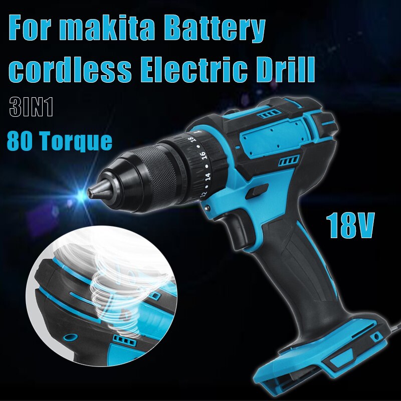 18V 3 in 1 Wireless Electric Drill 10mm Cordless Impact Drill 95N.m Electric Screwdriver with LED Light for Makita18V Battery