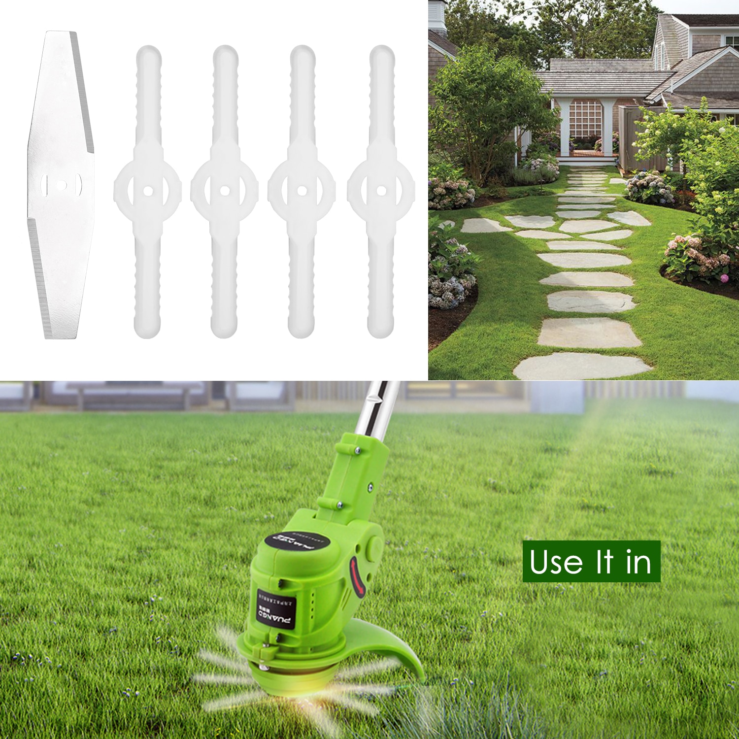 5pcs Lawn Mower Blade Set Includes 1PC Metal Blade 4PCS Plastic Blades Grass Trimmer Weeder Blades Replacement Mower Accessory