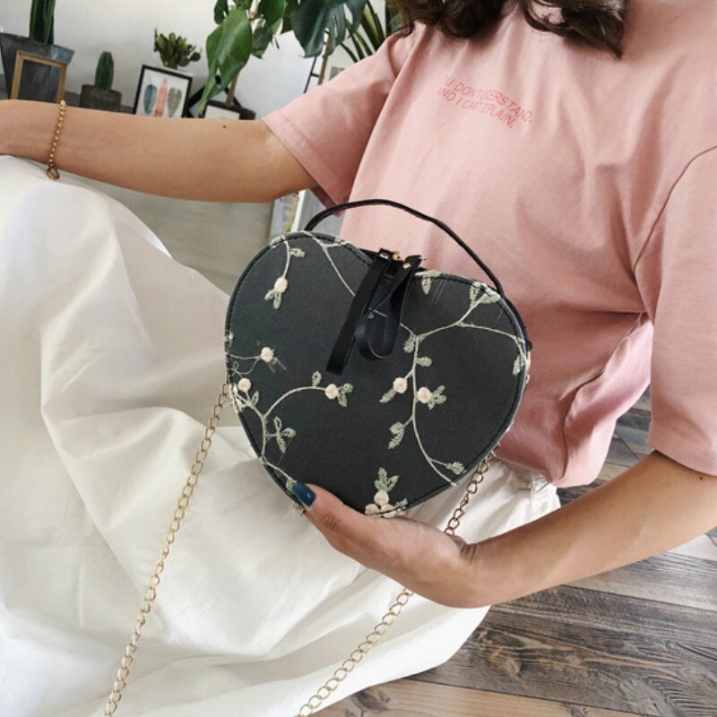 Bolso de hombro de encaje, bolsos de mujer de corazón de melocotón, bolso de mano de bordado, bolso Diagonal portátil para chica, bolso de cadena en forma de corazón para niña: Black