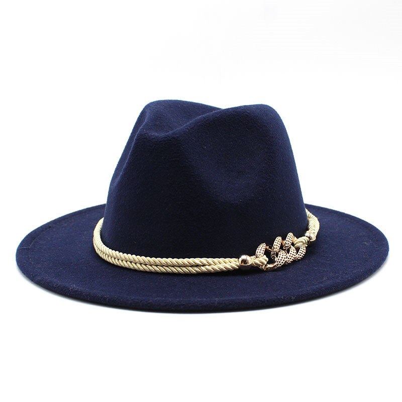 Chapeau fedora noir/blanc à large bord en feutre pour homme et femme, en mélange de laine artificielle, simple, église, derby, haut-de-forme, panama, solide, jazz, casquette: Navy