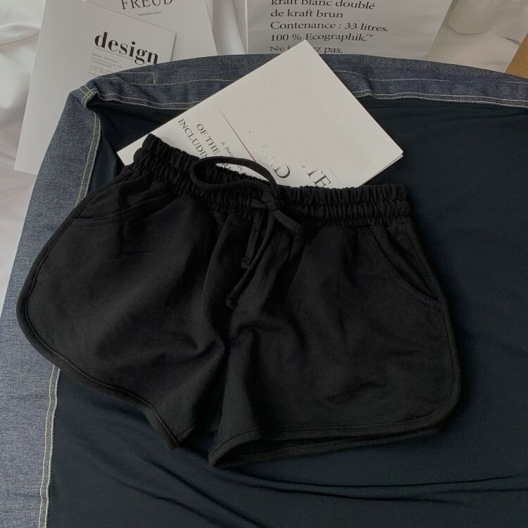 Sommergrå shorts dame dame elastisk midje korte bukser jente uformelle bomullsshorts svart hjemmeshorts for kvinner s-xl: Svarte shorts / Xl
