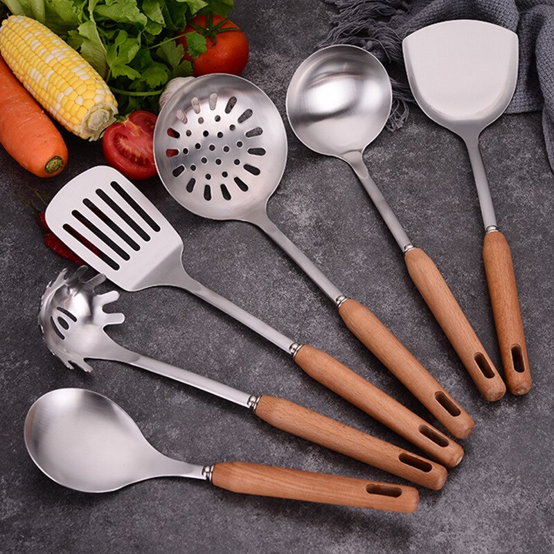 Utensilios de cocina de madera resistentes al calor, utensilios de cocina, cuchara de acero inoxidable para sopa, utensilios de cocina, espátula, cuchara, colador, herramienta de cocina