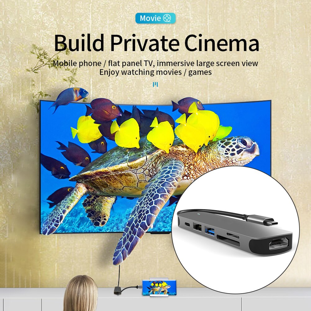 Notebook Smartphone Uitbreiding Converter 6 In 1 Usb Type C Hub Adapter Met 4K Hdmi Usb 3.0 2.0 Pd opladen Kaartlezer