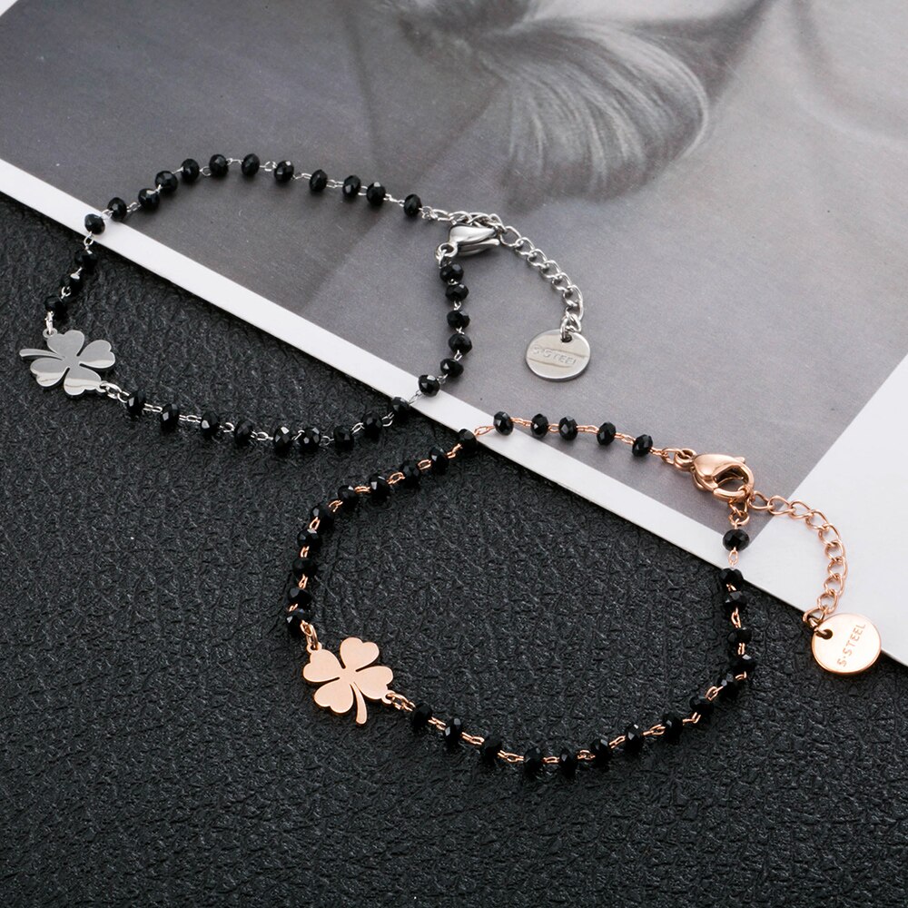 Or Rose trèfle acier inoxydable Bracelets porte-bonheur femmes noir cristal perles chaîne Bracelet bijoux De Joyas De Mujer